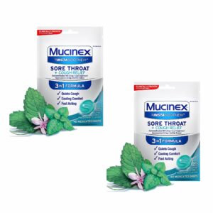 mucinex instasoothe sore throat and cough relief, alpine herbs and fresh mint, 40 count (pack of 2)