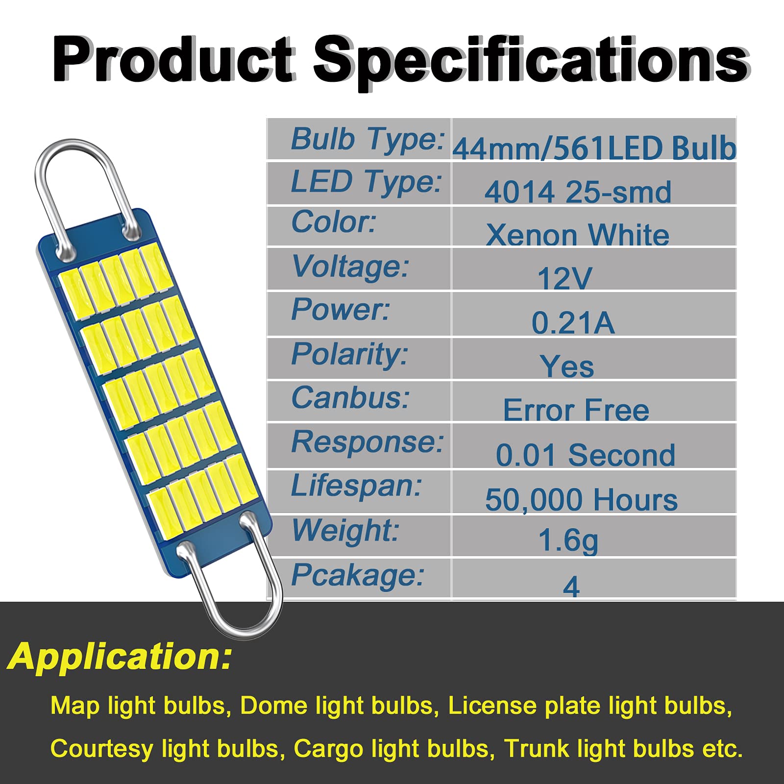 Anourney 561 Led Bulb,Super Bright White 4014 Chips Latest 44mm Rigid Loop 1.73in Festoon bulbs,Replacement for Car Interior Map Dome Courtesy Lights,561 562 567 Led Bulbs(Pack of 4)