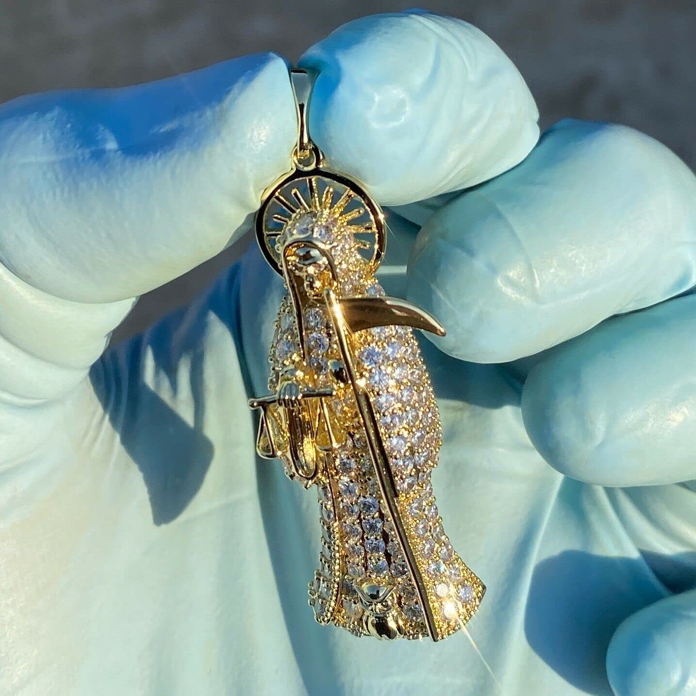 Bling Cartel La Santa Muerte Hip Hop Pendant Iced Charm Flooded Out 14K Gold Finish Small 2"