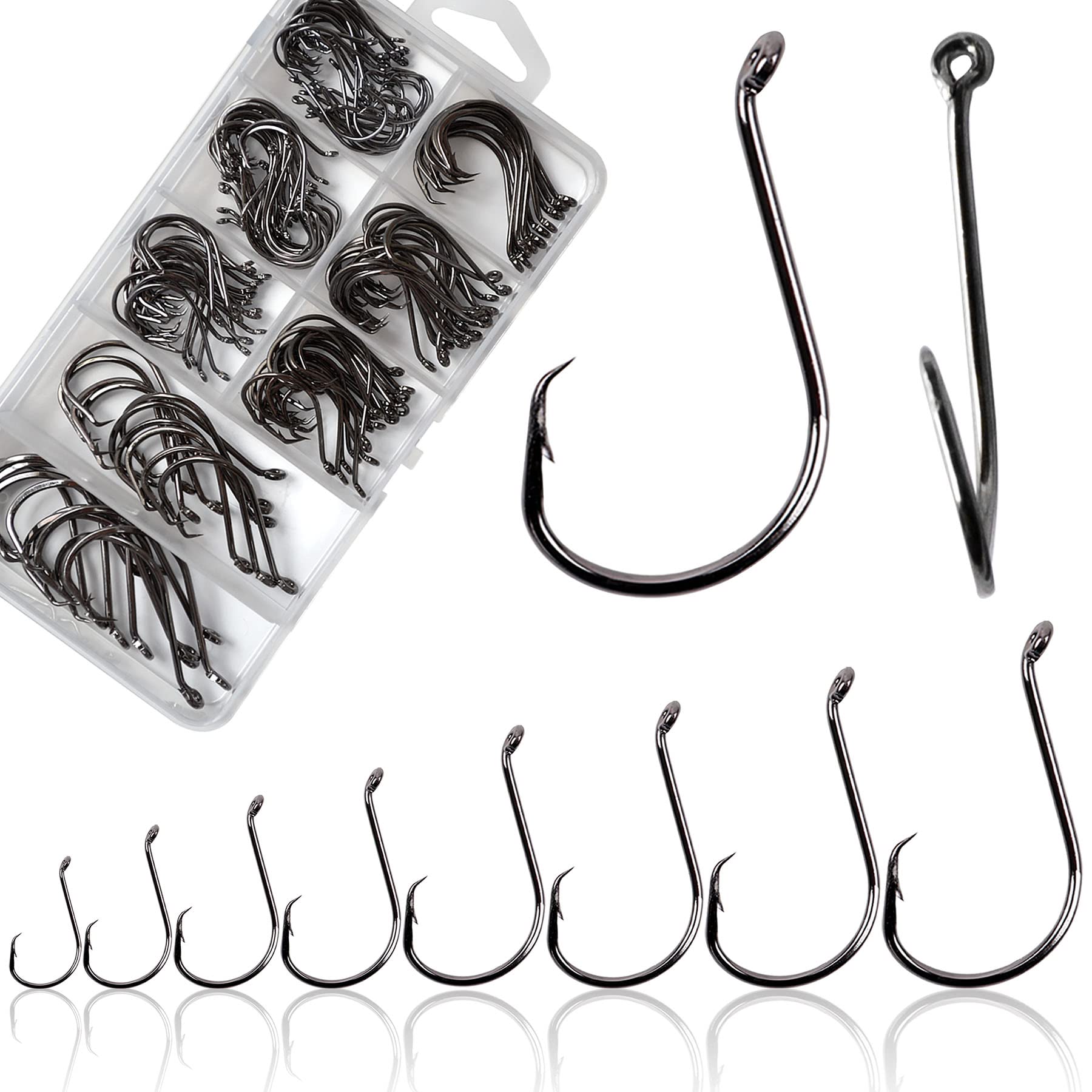 150pcs/box Circle Hooks 2X Strong Offset Octopus Catfish Bass Fishing Hooks High Carbon Steel Saltwater Customized Fishhook 8 Sizes Mixed with Tackle Box