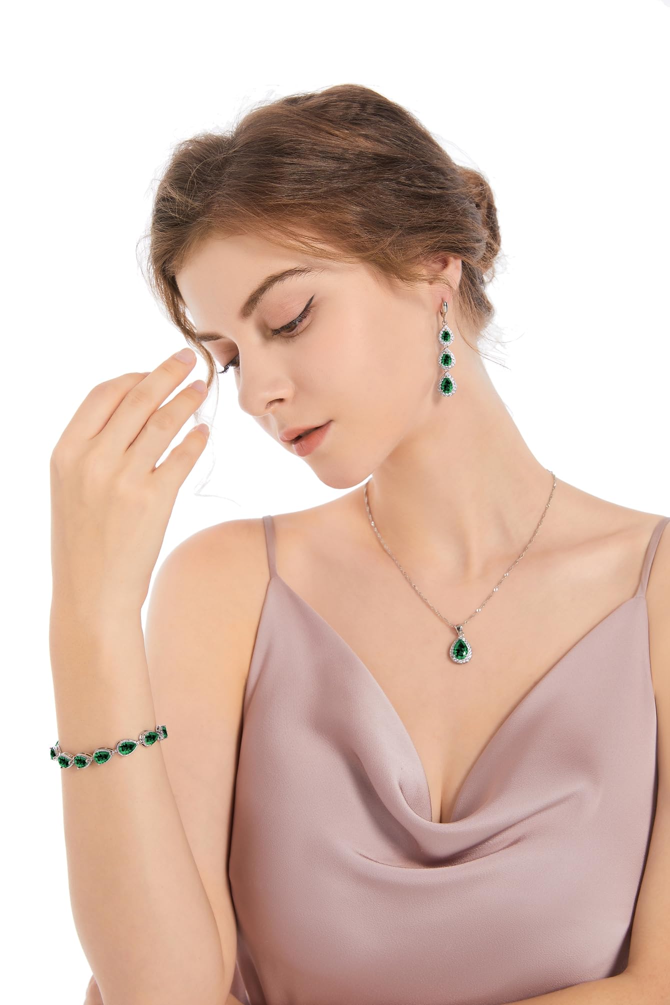 LMXXVJ Created Teardrop Green Emerald Jewelry Set for Women,White Gold Plated Long Earring Necklace Bracelet Elegant Set for Women/Mom/Wife/Sister/Bridesmaid Gift