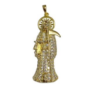 Bling Cartel La Santa Muerte Hip Hop Pendant Iced Charm Flooded Out 14K Gold Finish Small 2"