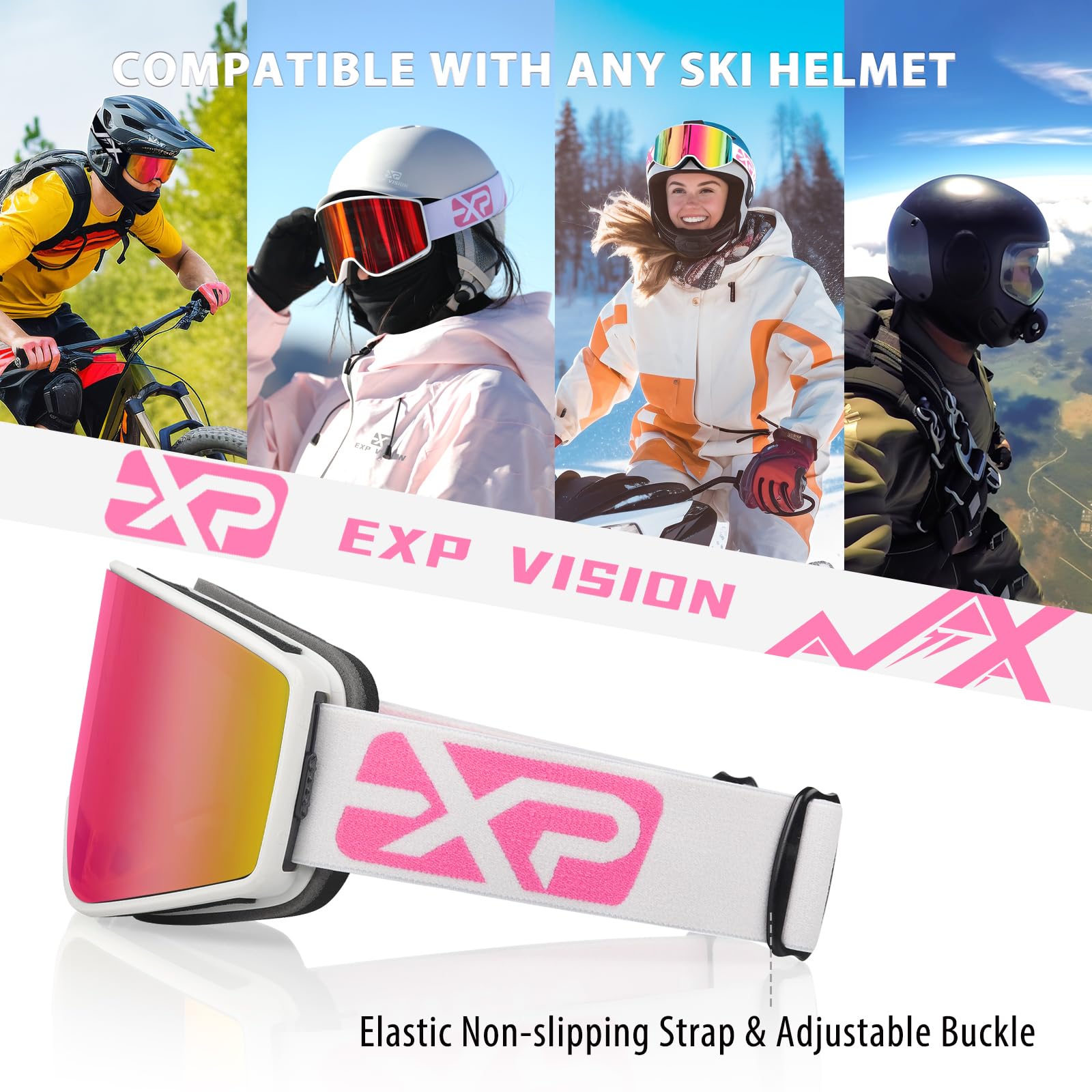 EXP VISION Ski Goggles Over Glasses Snow Goggles Anti Fog Snowboard Goggles for Men, Women Youth (Adult Ski Goggles-Pink)