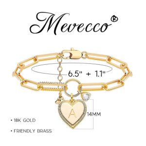 MEVECCO Gold Paperclip Bracelet, 18K Gold Plated Heart Initial Oval link Bracelet Dainty Handmade Letter Charm Bracelet for Women Jewelry