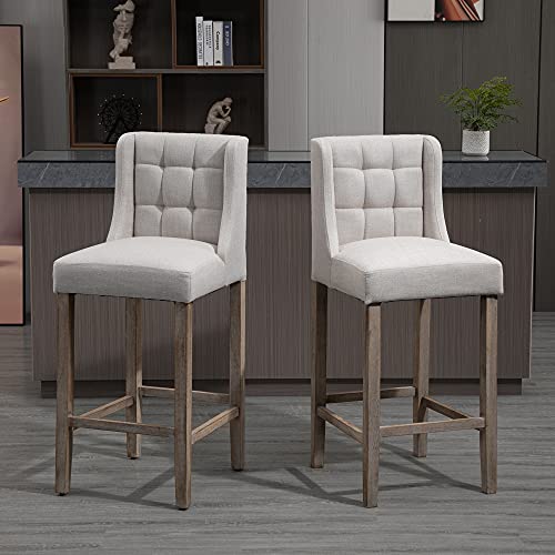 HOMCOM Modern Bar Stools, Tufted Upholstered Barstools, Pub Chairs with Back, Rubber Wood Legs for Kitchen, Dinning Room, Set of 2, Beige