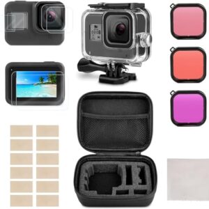 Waterproof Housing Case Accessories Kit Compatible with GoPro Hero 8 Bundle Include Waterproof Housing Case + Tempered Glass Screen Protector + Carrying Case + Snorkel Filter + Anti-Fog Inserts