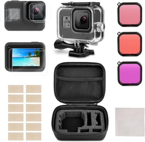 Waterproof Housing Case Accessories Kit Compatible with GoPro Hero 8 Bundle Include Waterproof Housing Case + Tempered Glass Screen Protector + Carrying Case + Snorkel Filter + Anti-Fog Inserts