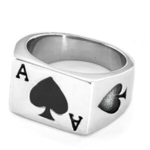 JAJAFOOK Biker Ring Mens Womens Solid Polished Stainless Steel Signet Ring Poker Spade Ace Silver Black Size 5