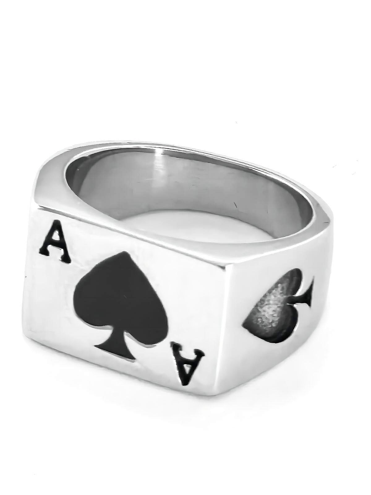 JAJAFOOK Biker Ring Mens Womens Solid Polished Stainless Steel Signet Ring Poker Spade Ace Silver Black Size 5