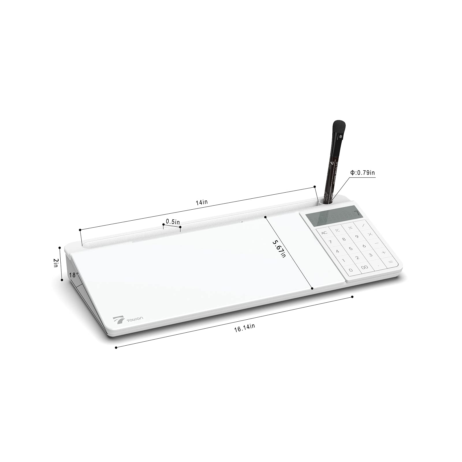 TOWON Desktop Glass Whiteboard with Basic Calculator, 12 Digit LCD Display, Desk Organizers with Accessories for Office, Home, School Supplies, Storage with Dry Erase Board Surface, White, 18'' x 6''