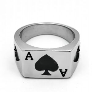 JAJAFOOK Biker Ring Mens Womens Solid Polished Stainless Steel Signet Ring Poker Spade Ace Silver Black Size 5