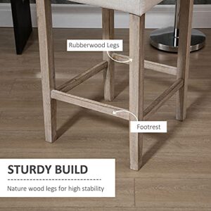 HOMCOM Modern Bar Stools, Tufted Upholstered Barstools, Pub Chairs with Back, Rubber Wood Legs for Kitchen, Dinning Room, Set of 2, Beige