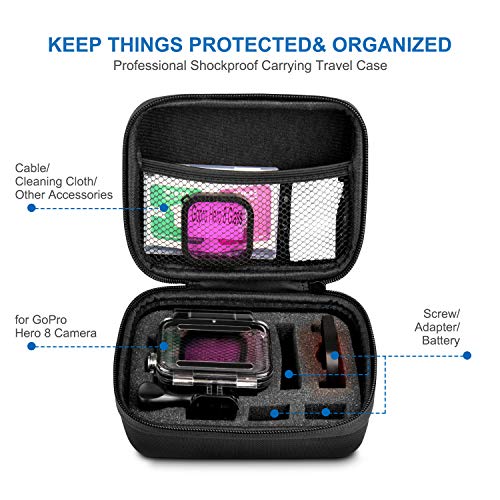 Waterproof Housing Case Accessories Kit Compatible with GoPro Hero 8 Bundle Include Waterproof Housing Case + Tempered Glass Screen Protector + Carrying Case + Snorkel Filter + Anti-Fog Inserts