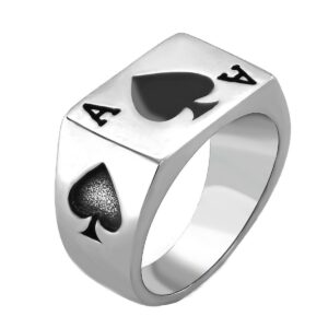 JAJAFOOK Biker Ring Mens Womens Solid Polished Stainless Steel Signet Ring Poker Spade Ace Silver Black Size 5