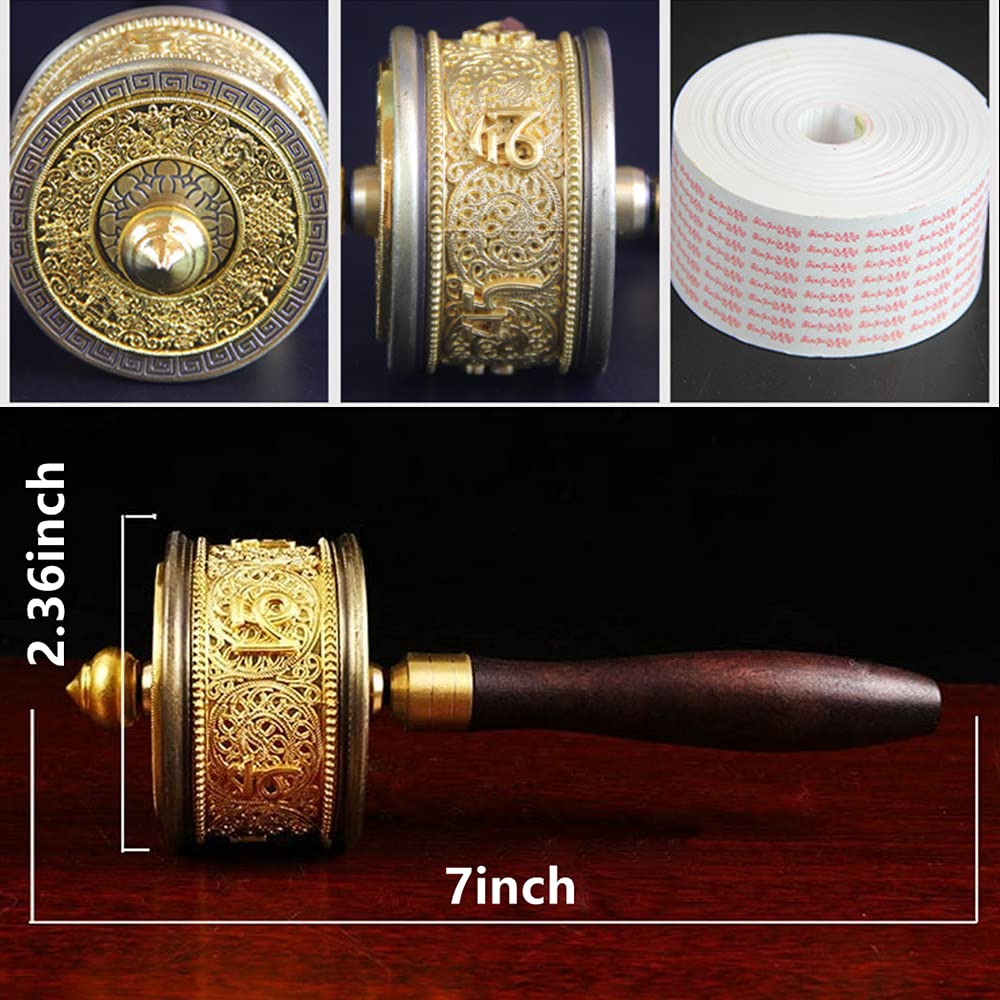 Copper Hand Held Prayer Wheel with Tibetan Buddhist Six-Character Truth Premium Buddha Scriptures, Wooden Handle Prayer Wheel for Praying, blessing, Meditation, Healing, Relaxing, Yoga