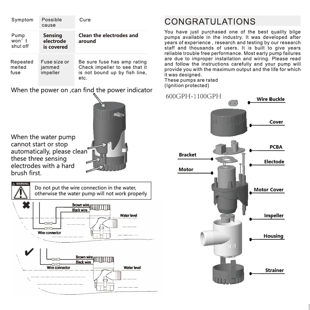 MAKERELE Auto Bilge Pump for Boats 12v 1100GPH Automatic Submersible Boat Bilge Water Pump with Electronic Switch (Outlet Diameter：1 1/8 inch/29mm)…