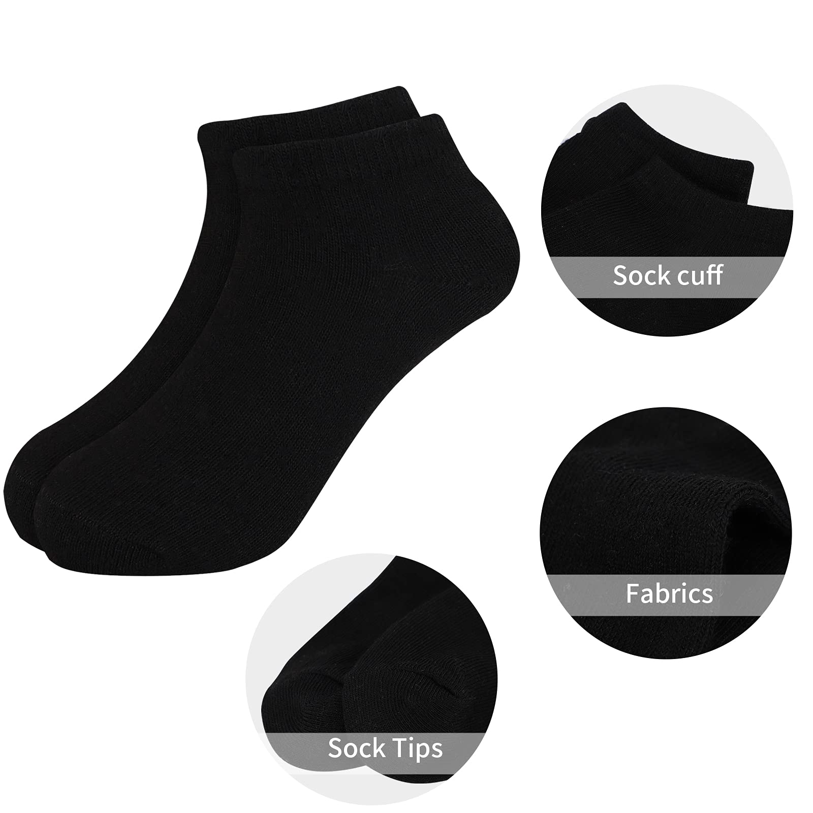 BOOPH 12 Pairs Kids Ankle Socks Boys Girls Half Cushion Socks 9-12 Years Black