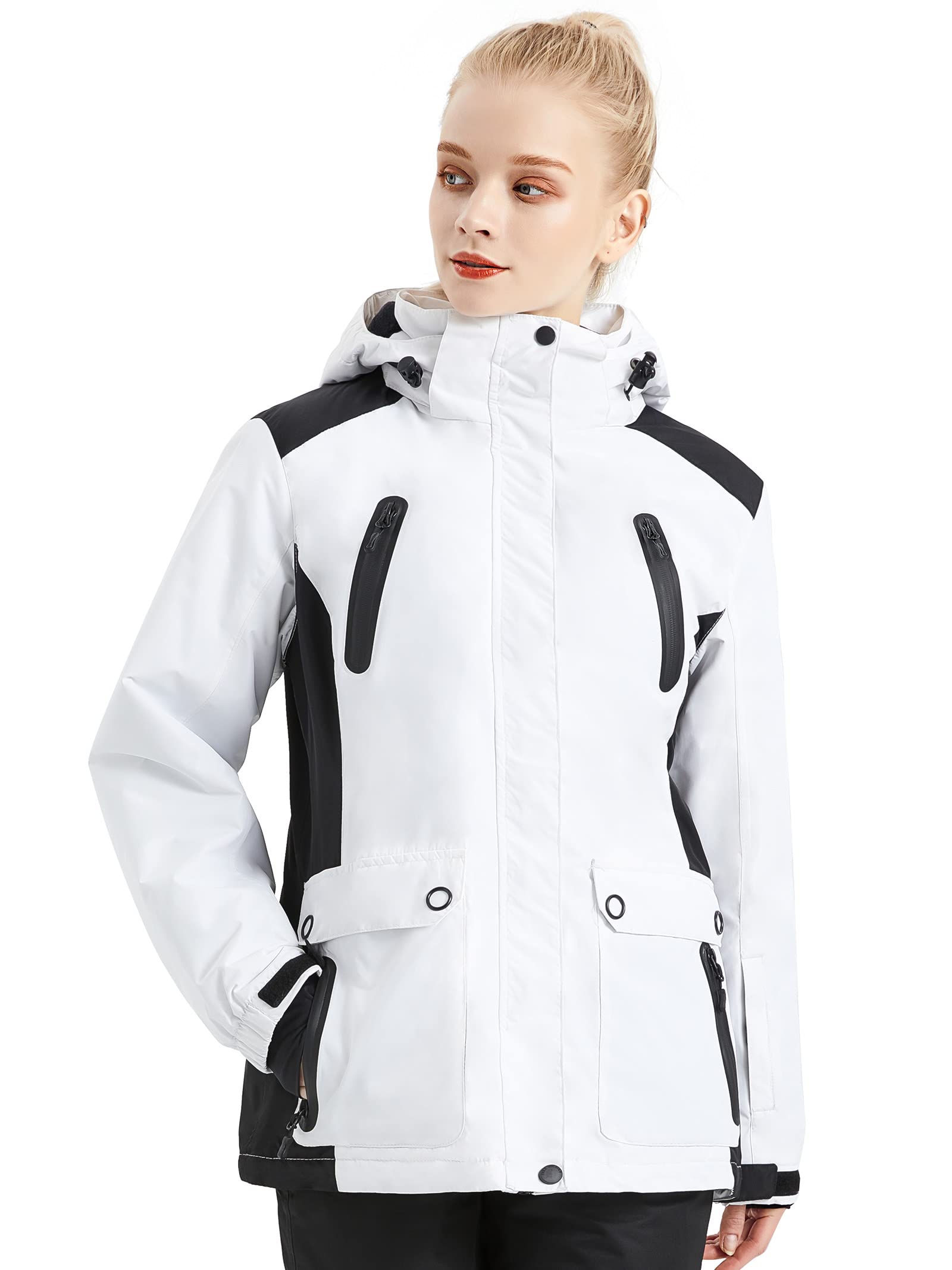 FREE SOLDIER Women's Waterproof Ski Jacket Fleece Lined Warm Winter Snow Coat with Hood Fully Taped Seams(White Black,L)