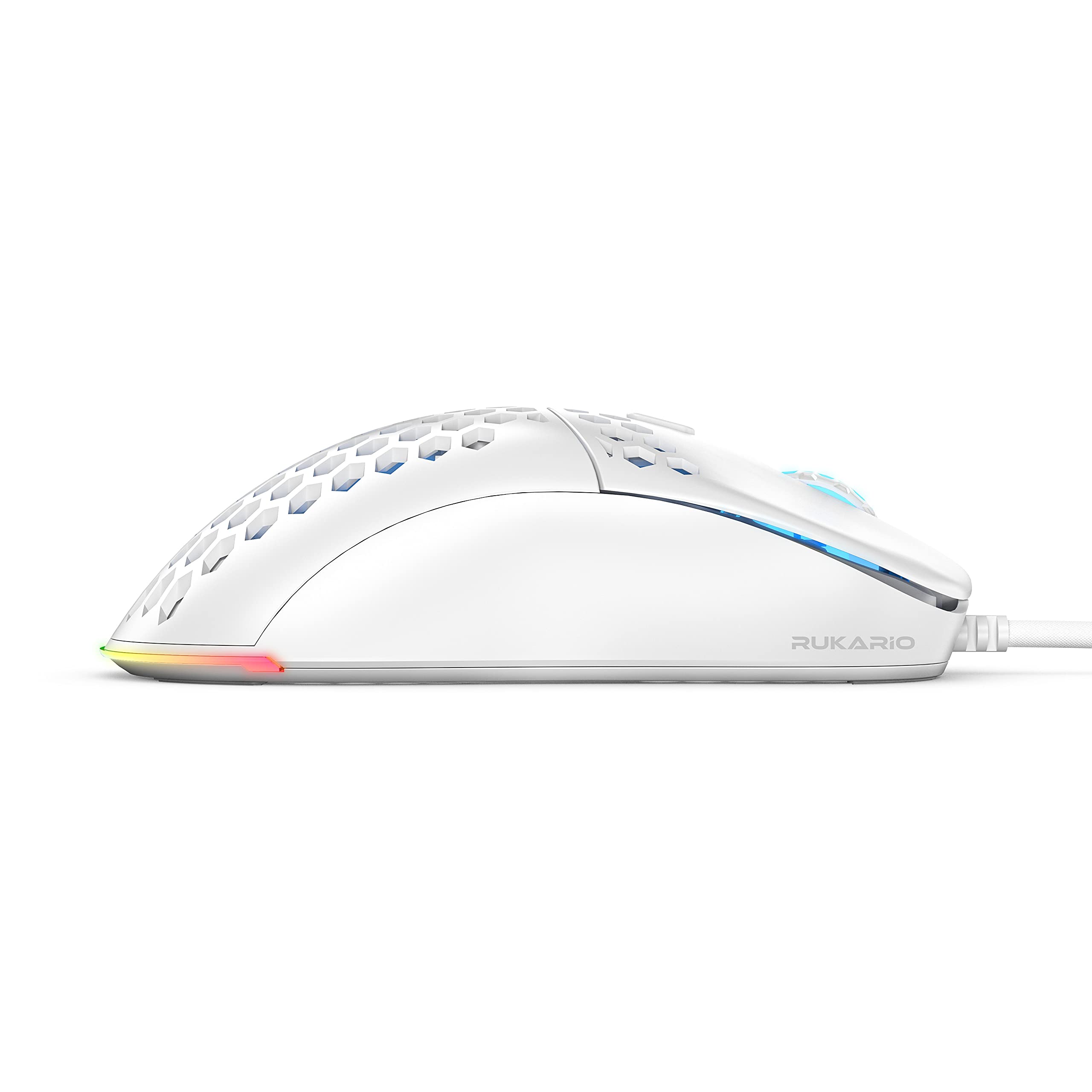 Rukario Ronin X PC Gaming Mouse (Arctic White, Wired) - Ultra LightWeight Symmetrical Honeycomb Shell | RGB Led | PTFE Glides | Pixart 3360 Sensor | 6 Buttons | Weight 63G | Adjustable Settings