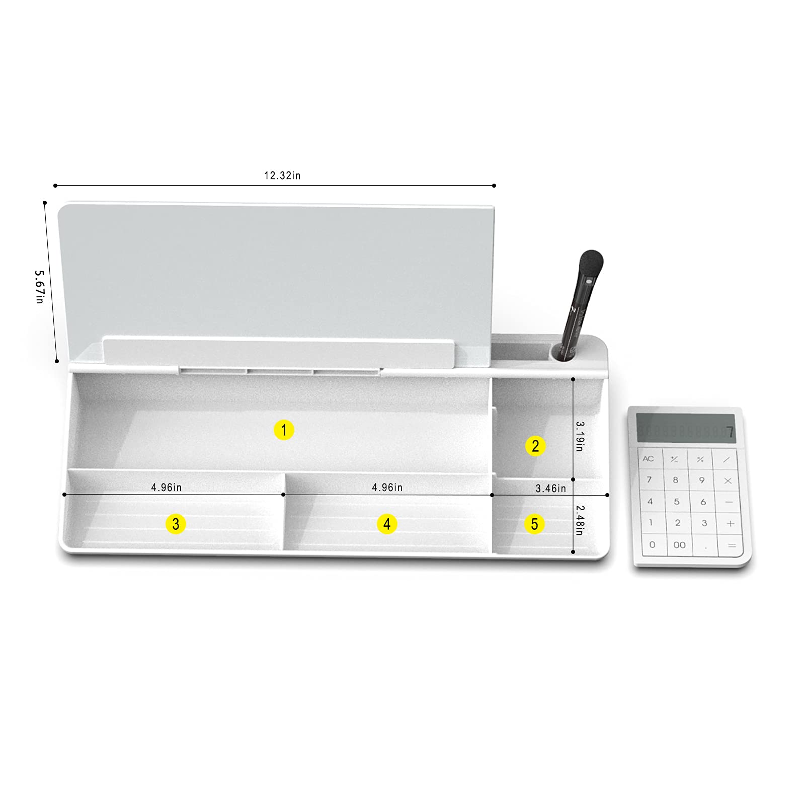 TOWON Desktop Glass Whiteboard with Basic Calculator, 12 Digit LCD Display, Desk Organizers with Accessories for Office, Home, School Supplies, Storage with Dry Erase Board Surface, White, 18'' x 6''