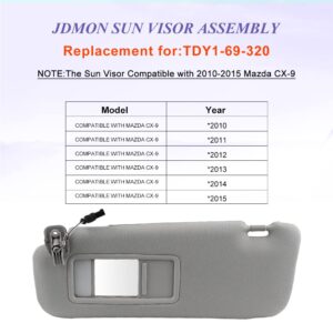 JDMON Compatible with Sun Visor Mazda CX-9 2010 2011 2012 2013 2014 2015 Left Driver Side Gray with Lamp Replaces TDY1-69-320