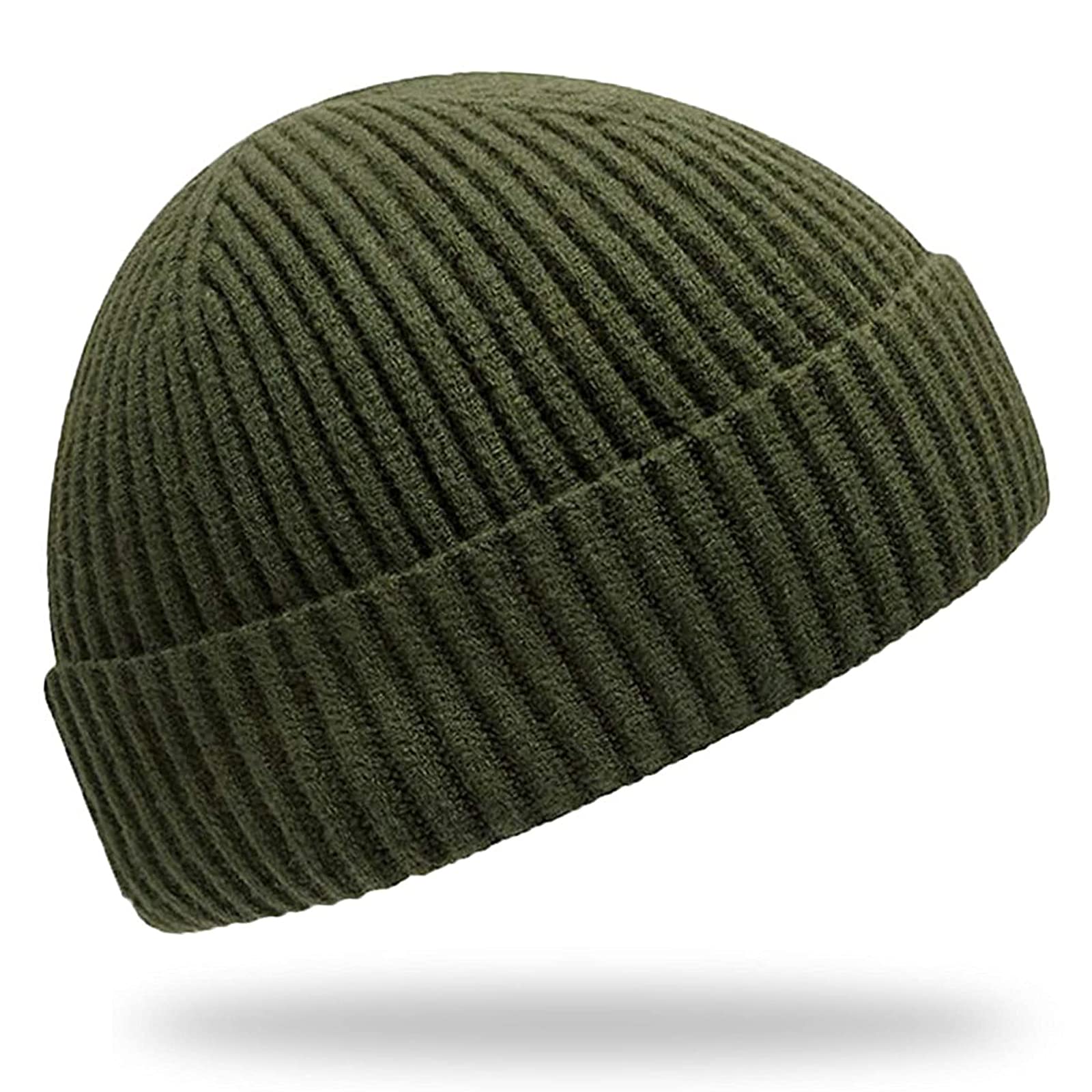 Furwabo Trawler Beanie Watch Hat Roll-up Edge,Ski Knitted Cuff Caps Winter Warm Knit Skullcap Swag Fisherman Beanie Hat for Men Women(Army Green)