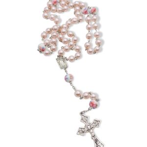 Nazareth Store Pink Pearl Beads Rosary White Flowers Beaded Necklace Lourdes Medal & Cross Crucifix