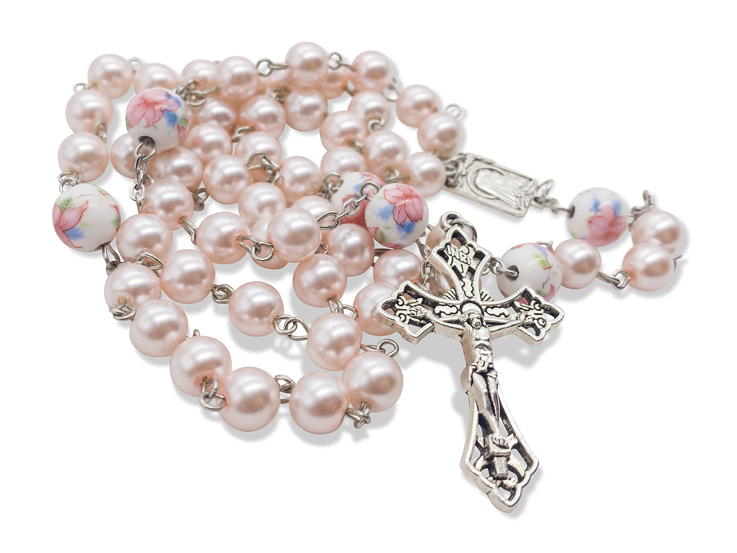 Nazareth Store Pink Pearl Beads Rosary White Flowers Beaded Necklace Lourdes Medal & Cross Crucifix