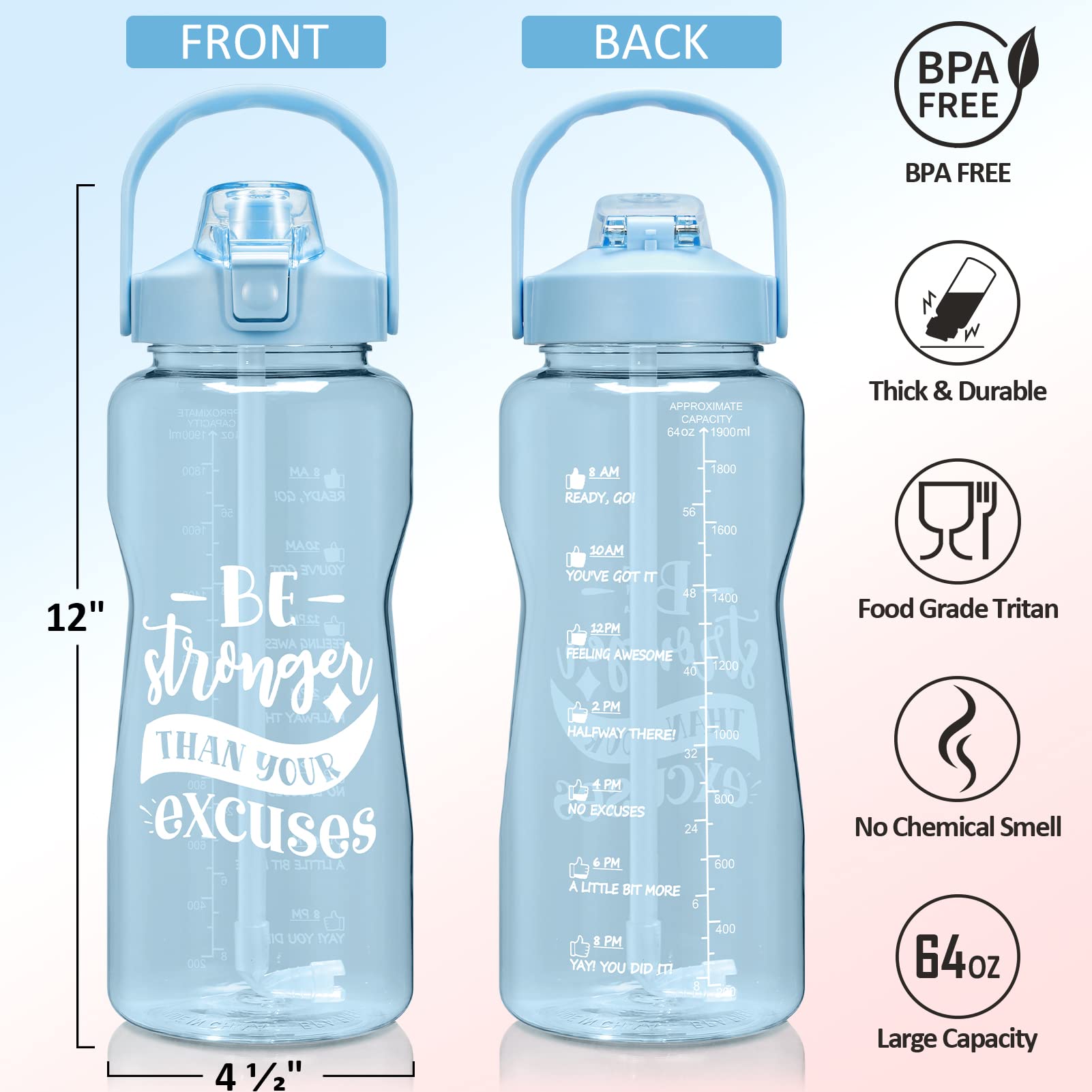 Half Gallon Water Bottle with Sleeve 64 OZ Water Bottle with Straw & Time Marker to Drink Leakproof Motivational Water Jug with Insulated Holder Workout Gym Sport