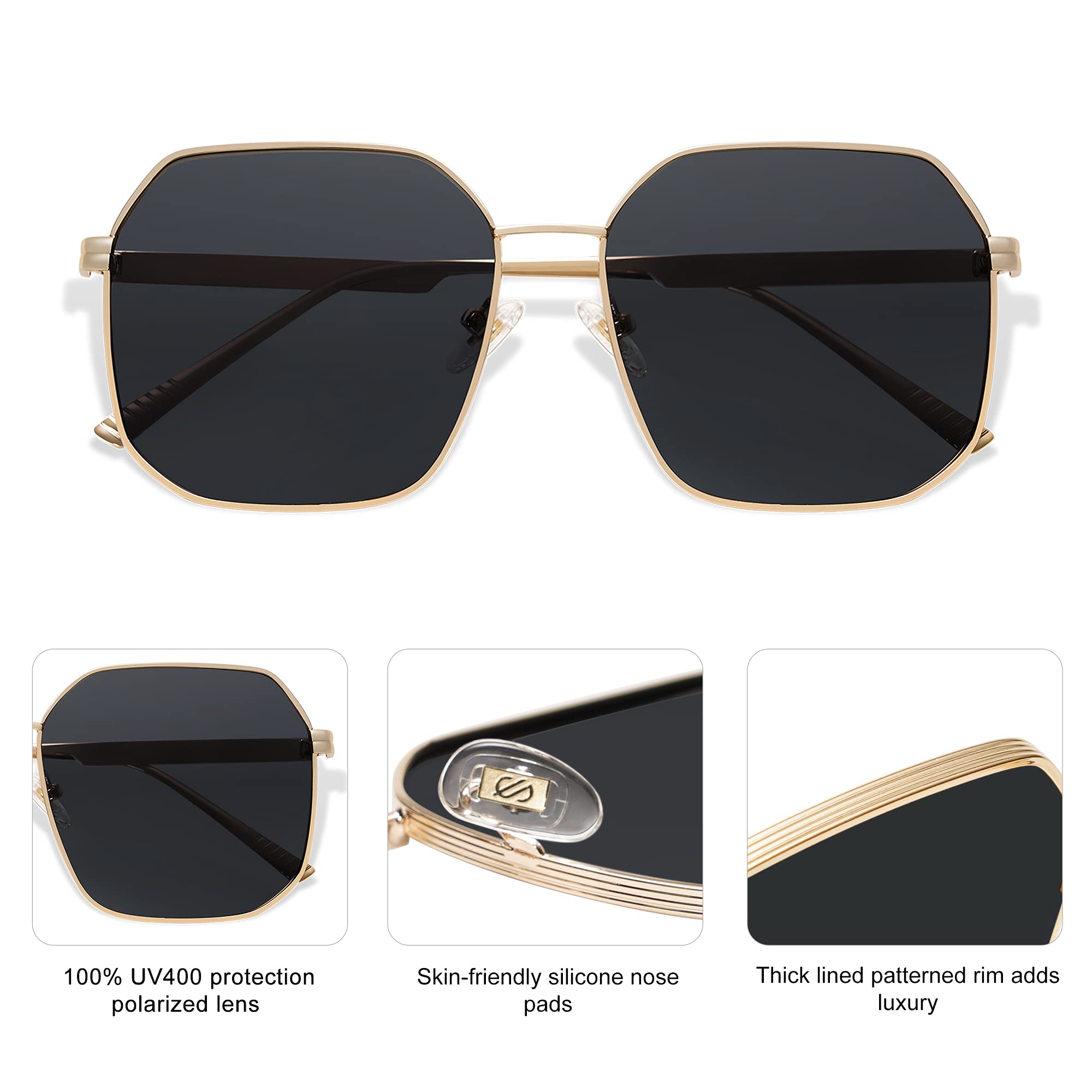 SOJOS Retro Square Polarized Sunglasses for Women Vintage Square Shades UV400 Large Metal Frame SJ1166 with Gold/Grey Lens