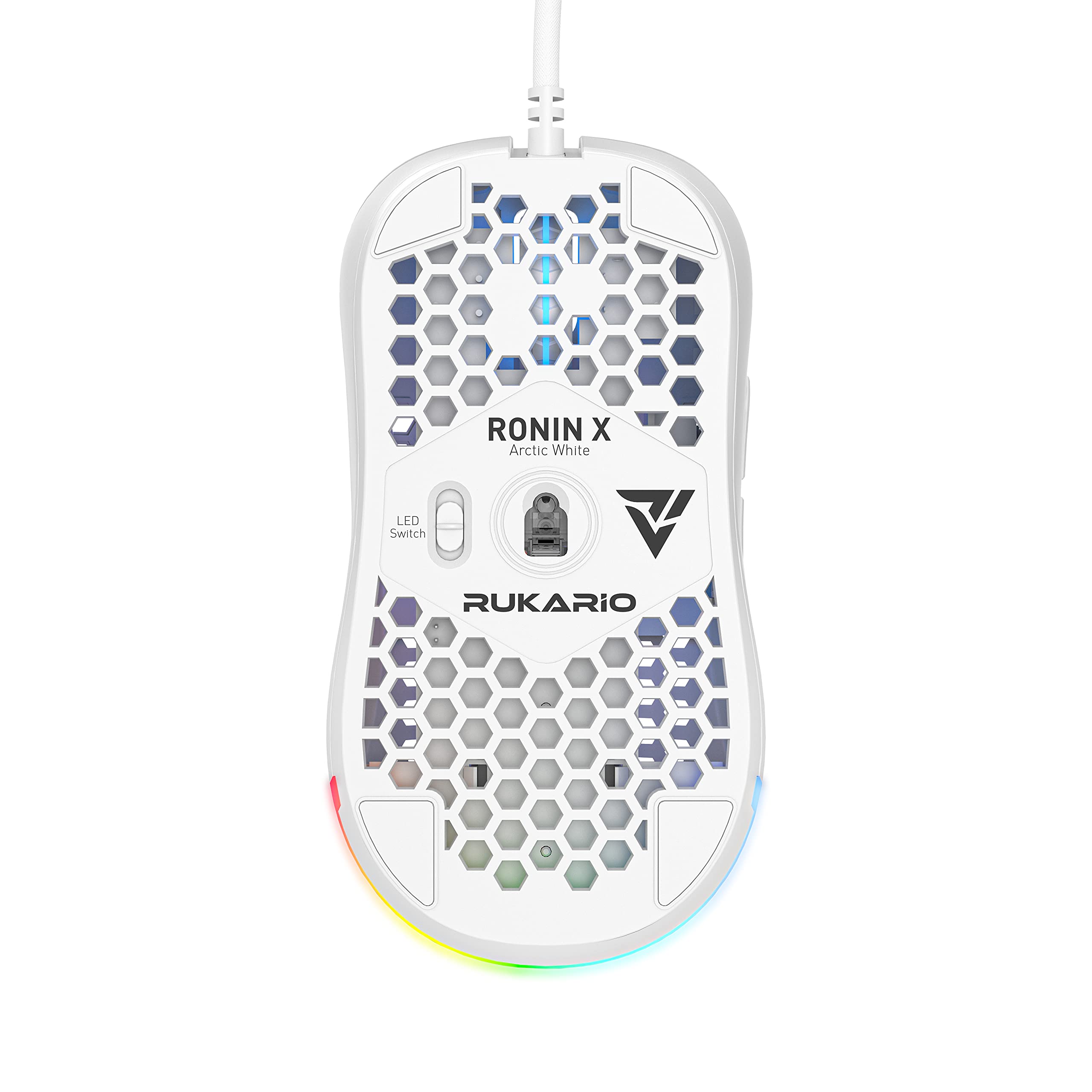 Rukario Ronin X PC Gaming Mouse (Arctic White, Wired) - Ultra LightWeight Symmetrical Honeycomb Shell | RGB Led | PTFE Glides | Pixart 3360 Sensor | 6 Buttons | Weight 63G | Adjustable Settings