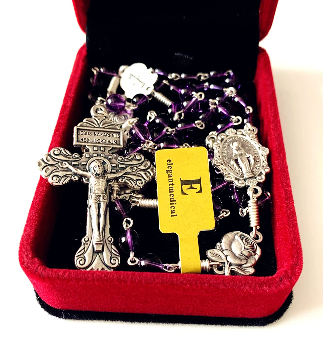 elegantmedical Handmade Catholic Amethyst Beads Our Lady of Grace Rosary Cross Crucifix Necklace Gift Box (Amethyst)