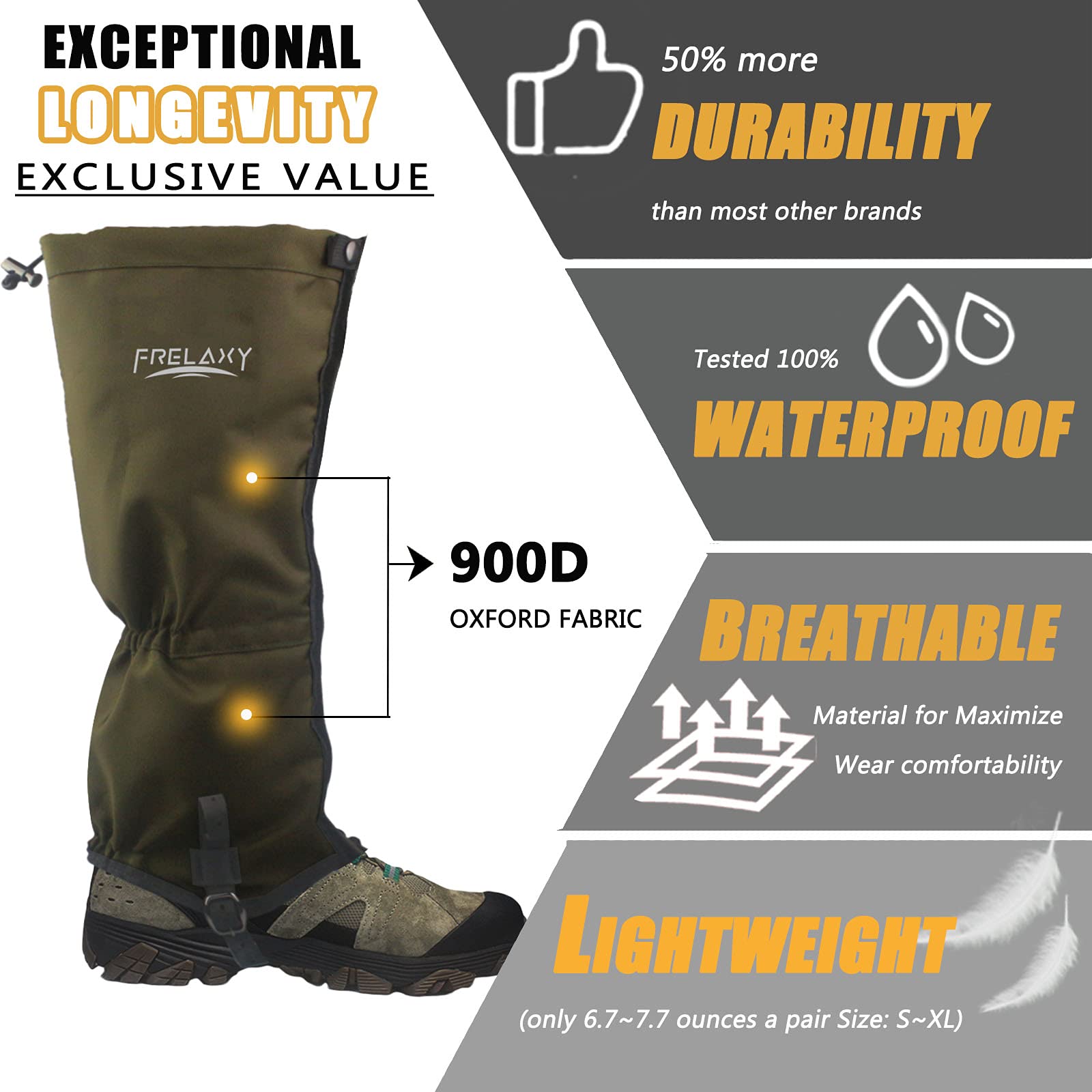 Frelaxy Leg Gaiters ULTRA HIGH-PERFORMANCE Hunting Gaiters, 100% Waterproof Hiking Gaiters with Upgraded Rubber Foot Strap, Adjustable Snow Boot Gaiters (Olive Green, M)