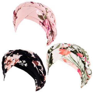 Womens Printed Turban Hat Head Wraps Covers Chemo Cancer Beanies Cap Headwear (3 Pcs-D)