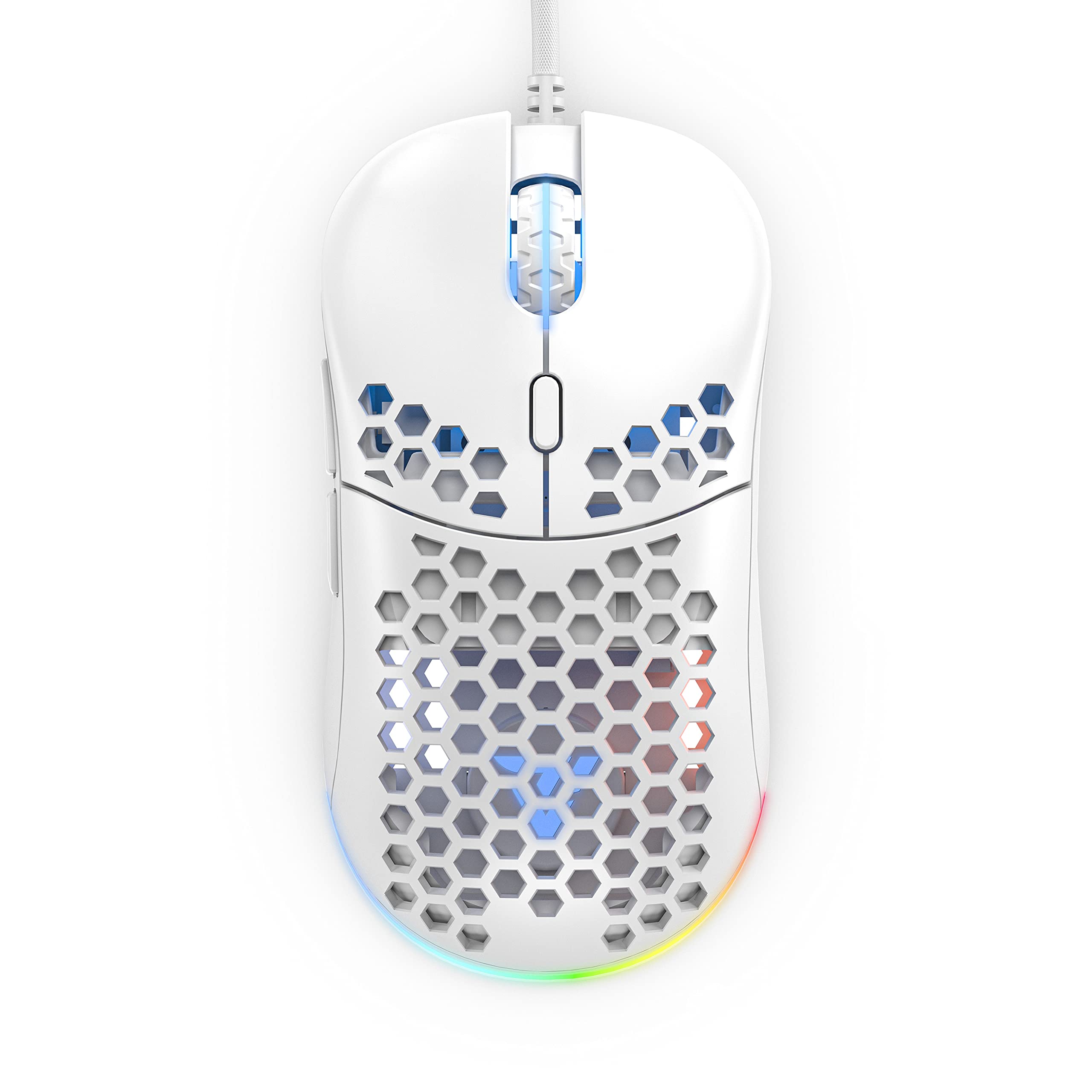 Rukario Ronin X PC Gaming Mouse (Arctic White, Wired) - Ultra LightWeight Symmetrical Honeycomb Shell | RGB Led | PTFE Glides | Pixart 3360 Sensor | 6 Buttons | Weight 63G | Adjustable Settings