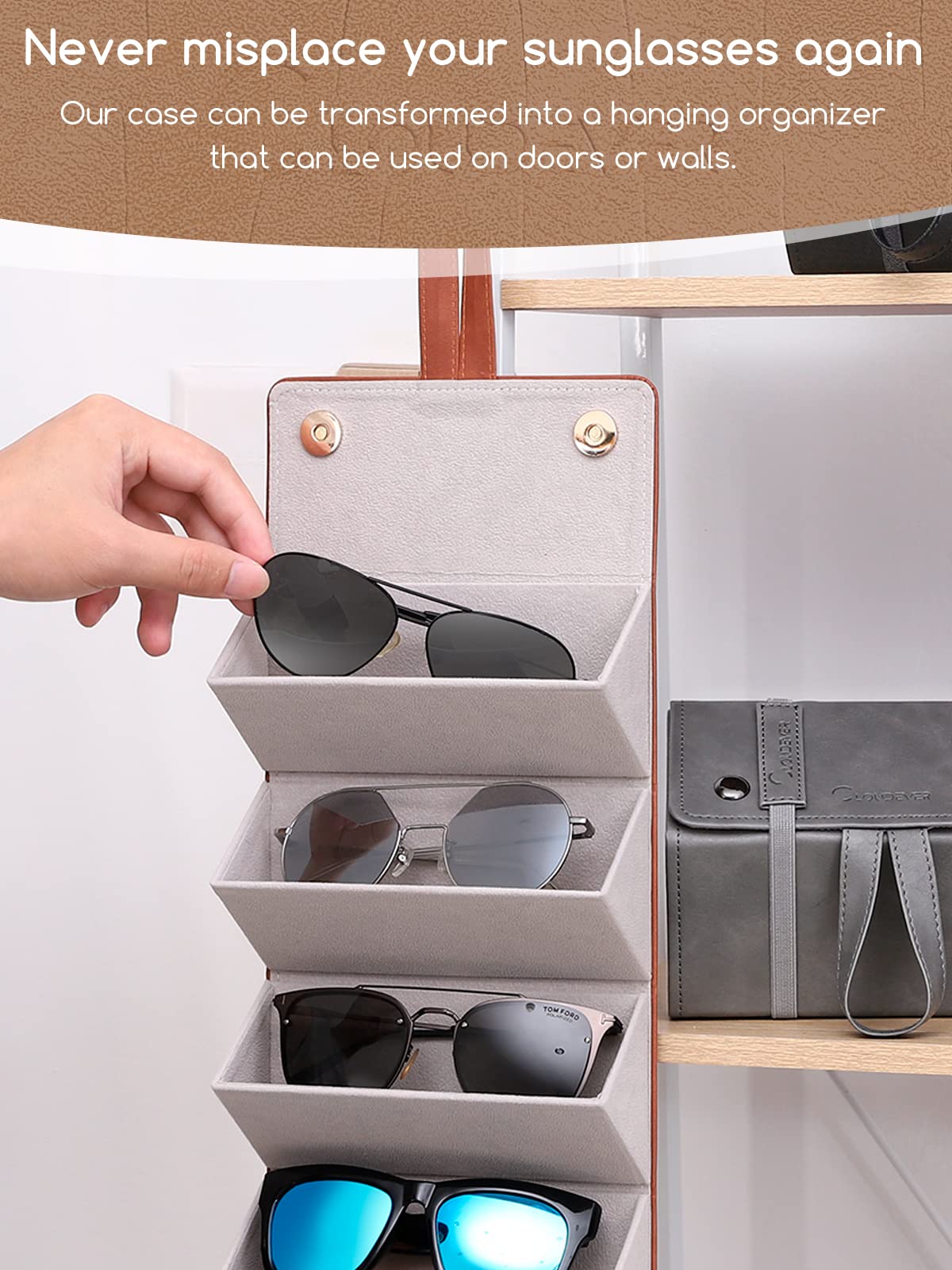 cloudever Sunglasses Travel Case Organizer for Men Women, Eyeglasses Foldable Hanging Case Storage Holder Organizer (Orange Brown)