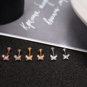 JINSAWW 16G Butterfly Internally Threaded CZ Labret Stud Stainless Steel Ear Cartilage Helix Tragus Conch Flat back Piercing Stud Body Jewelery