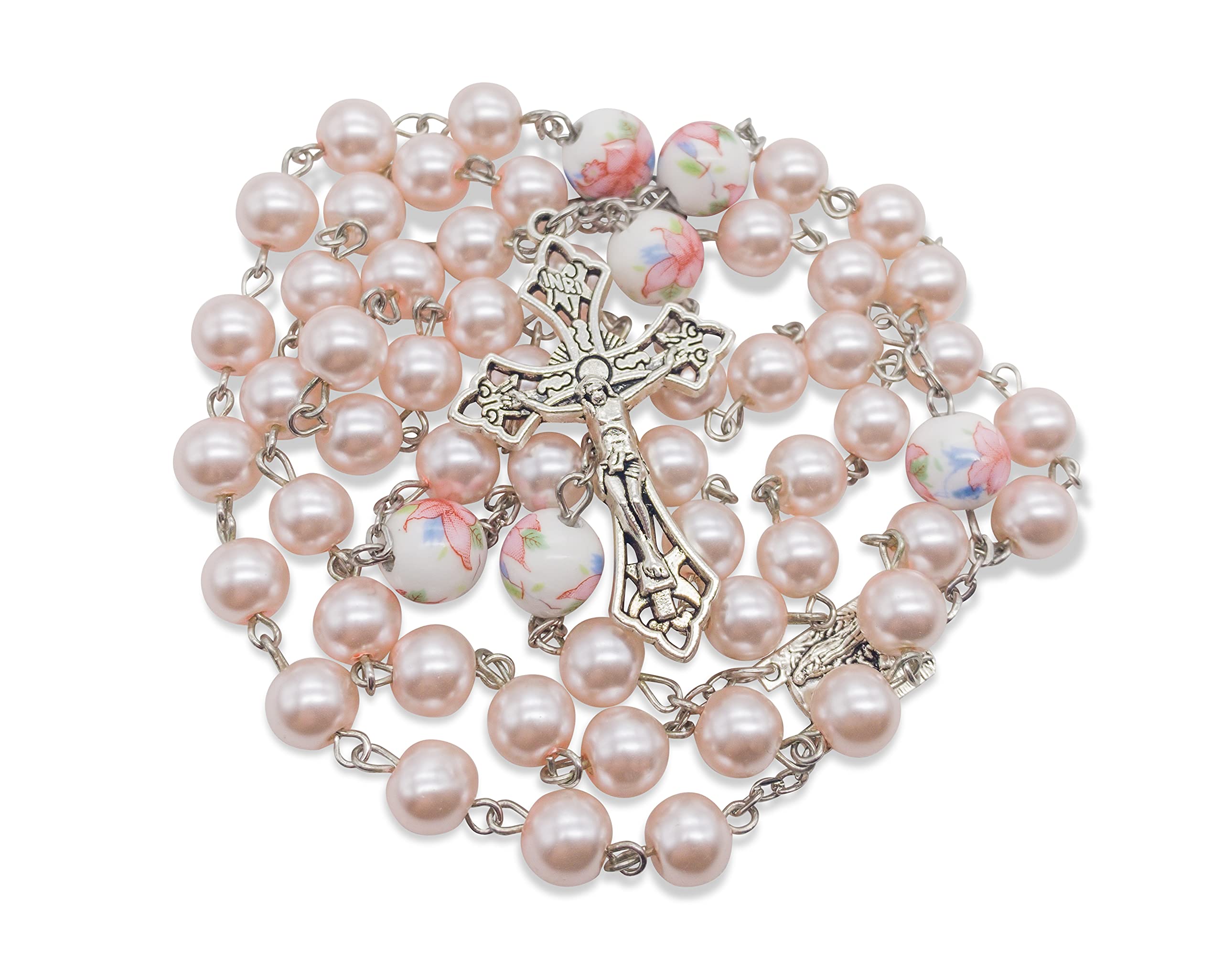 Nazareth Store Pink Pearl Beads Rosary White Flowers Beaded Necklace Lourdes Medal & Cross Crucifix