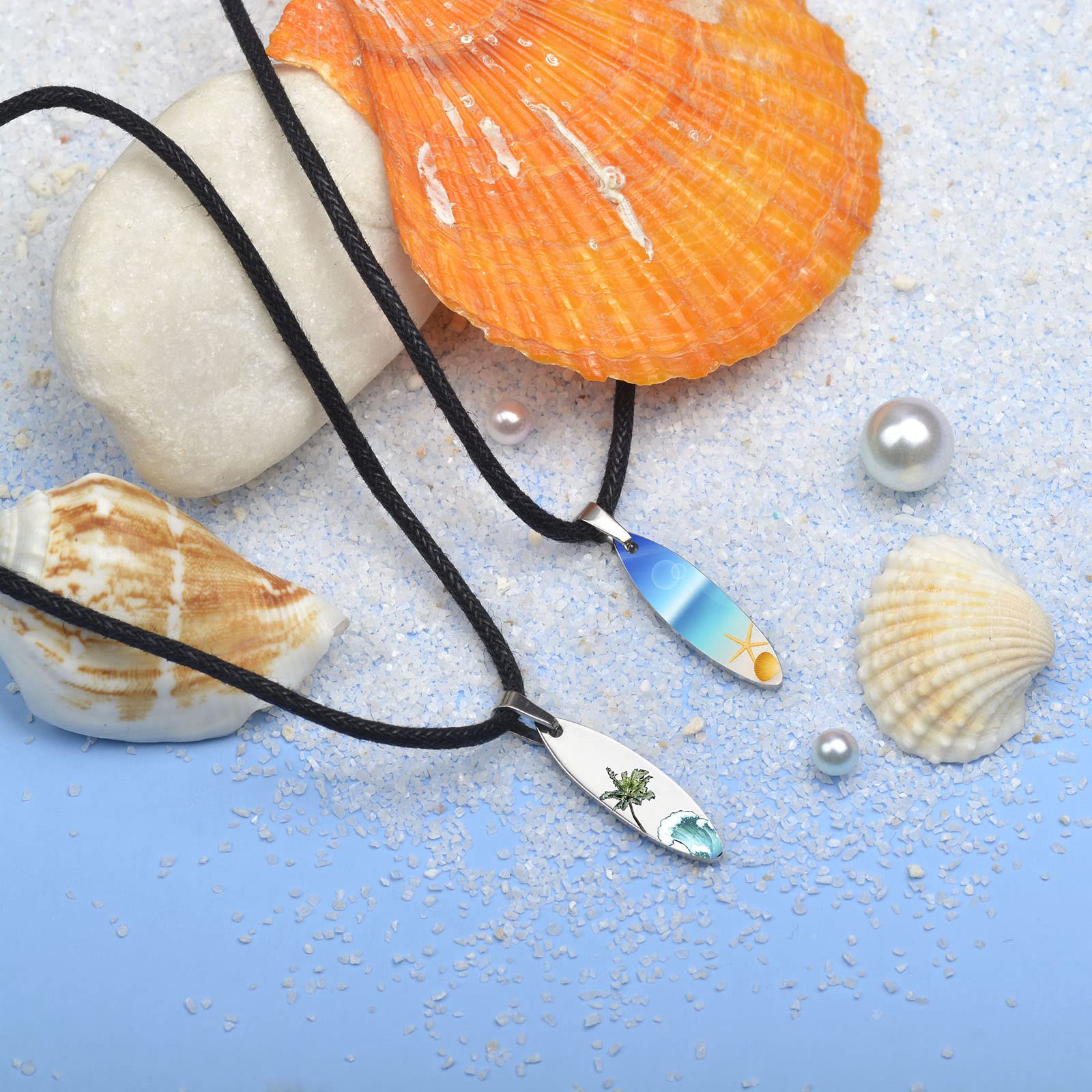 Lauren-Spencer Ocean Wave Surfboard Necklace for Women Men Surfer Necklace Stainless Steel Surfboard Pendant Beach Necklaces Surfer Gifts Jewelry for Women Men Surf Necklace (Starfish and Conch)