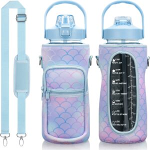 Half Gallon Water Bottle with Sleeve 64 OZ Water Bottle with Straw & Time Marker to Drink Leakproof Motivational Water Jug with Insulated Holder Workout Gym Sport