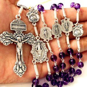 elegantmedical Handmade Catholic Amethyst Beads Our Lady of Grace Rosary Cross Crucifix Necklace Gift Box (Amethyst)