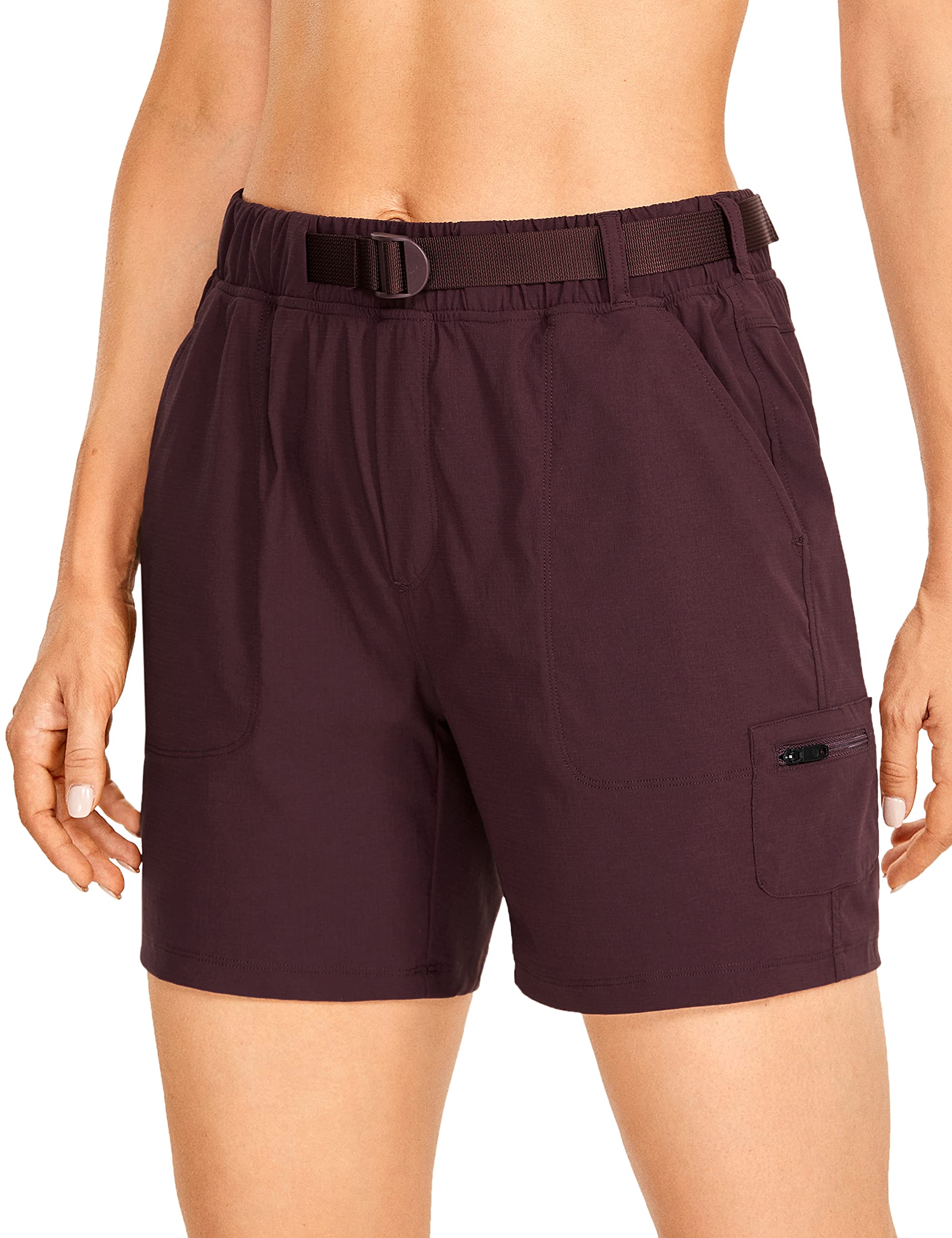 CRZ YOGA Women's Lightweight Cargo Hiking Shorts with Belt 6'' - Stretch Long Summer Athletic Outdoor Workout Shorts Pockets Dark Russet Medium