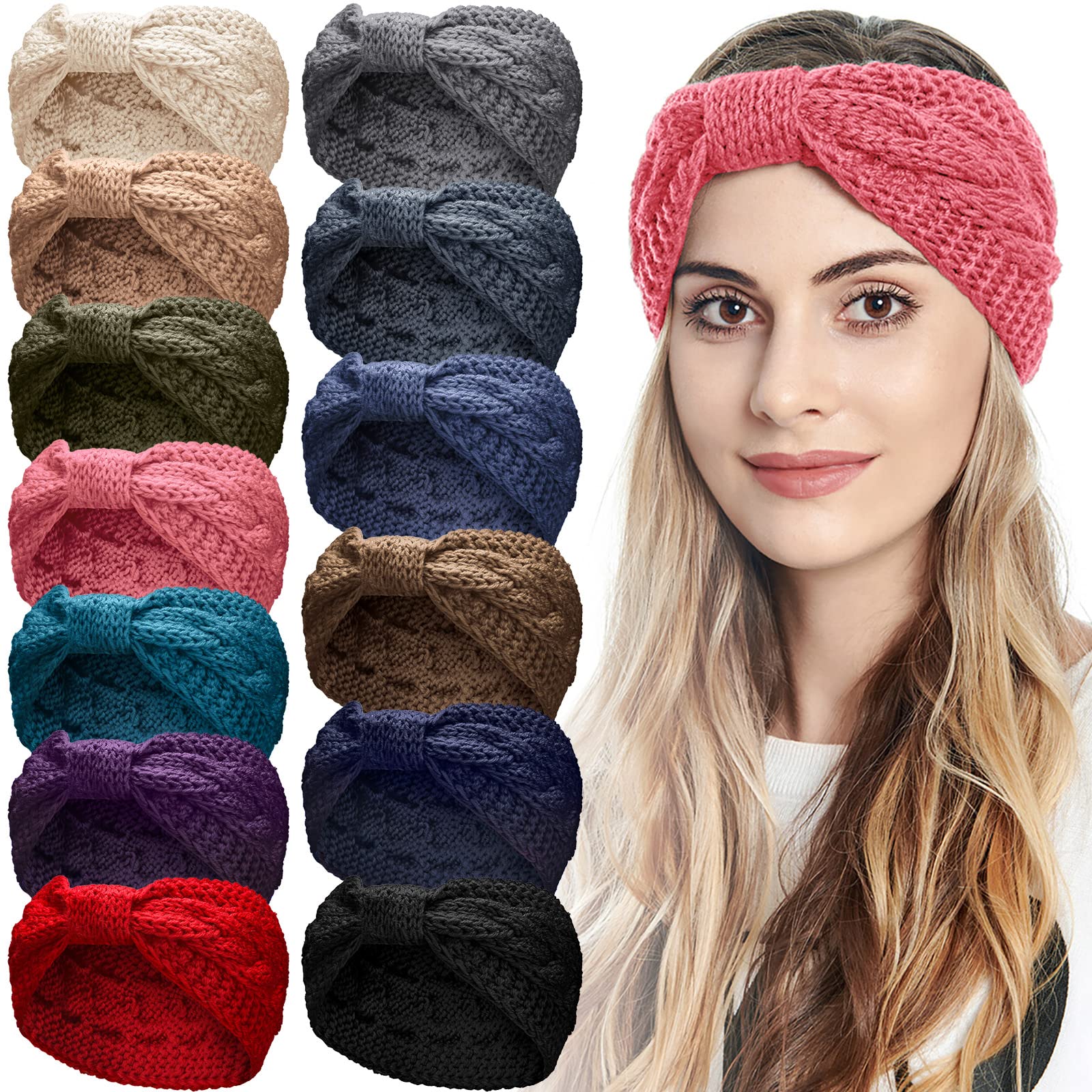 Canlierr 13 Pcs Women Headband Ear Warmer Winter Knitted Headband Crochet Hair Turban Ear Warmer Head Band Bow Knot Knit Head Wrap for Women Girls Warm Winter Gifts