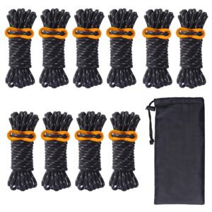 hikeman 10 pack 4mm camping rope reflective outdoor guy lines with aluminum guyline adjuster tensioners nylon tent tie downs for hiking backpacking tarp,canopy shelter (black)