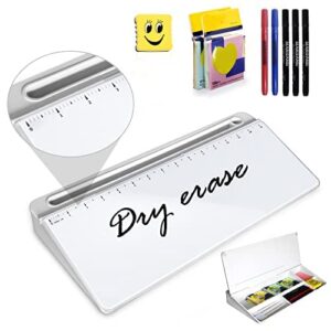 Desk Whiteboard Dry Erase Glass Whiteboard with 15“ Ruler Marker,Tilted Notepad Computer Keyboard Stand with White Dry Erase Board Surface, Desktop White Board to-do List Memo Notepad,White