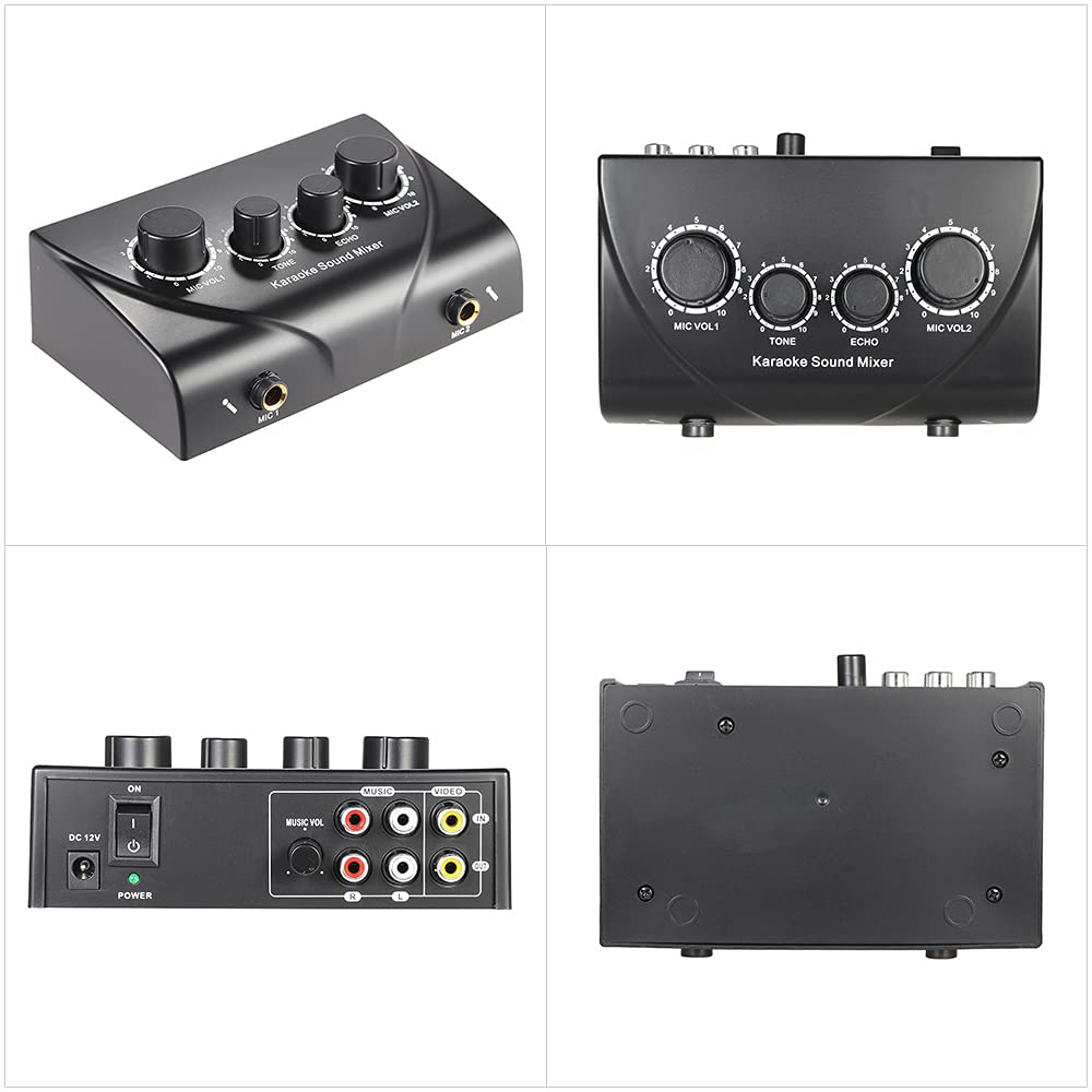 Btuty Karaoke Sound Mixer Dual Mic Inputs Audio Mixer Headphone Amplifier 2 Channel Mixer With Cable N-1 Black Color