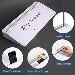 Desk Whiteboard Dry Erase Glass Whiteboard with 15“ Ruler Marker,Tilted Notepad Computer Keyboard Stand with White Dry Erase Board Surface, Desktop White Board to-do List Memo Notepad,White