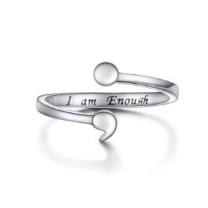 manbu sterling silver semicolon ring for women: i am enough keep going ring engraved inspirational message supporting jewelry gifts for daughter sister (i am enough)