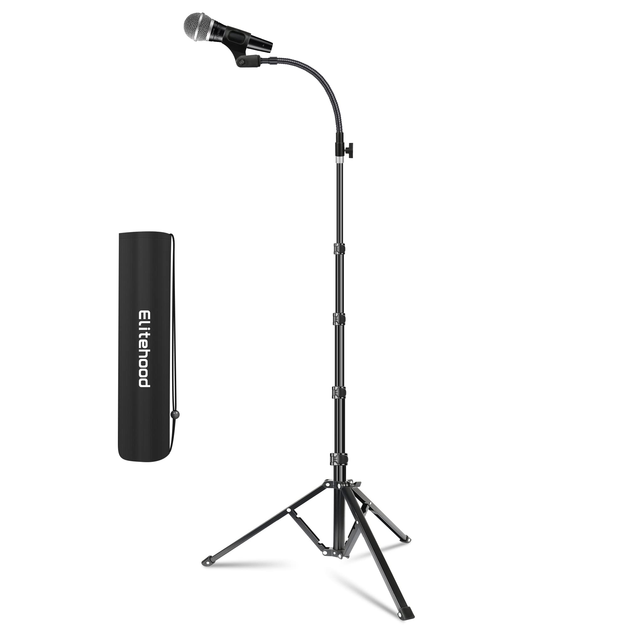 Elitehood Aluminum Foldable Microphone Stand, 82’’ Tall & Height Adjustable Mic Stand Boom, Microphone Tripod Stand with Mic Clip Holder for Singing, Performance, Karaoke, Speech, Stage and Outdoor