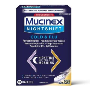 mucinex nightshift cold & flu, maximum strength powerful multi-symptom nighttime relief, 20 fast release caplets - pain reliever/fever reducer, cough suppressant, antihistamine